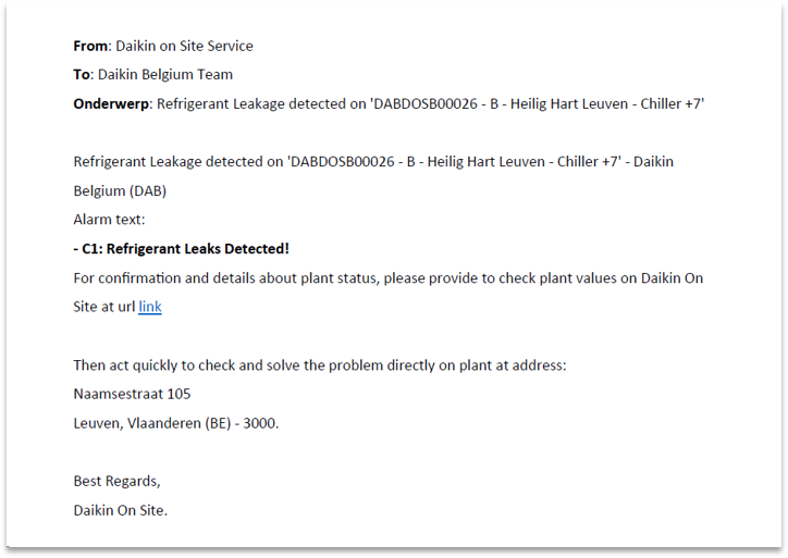 Picture 4: Alarm notification by email from Daikin on Site to Daikin Team