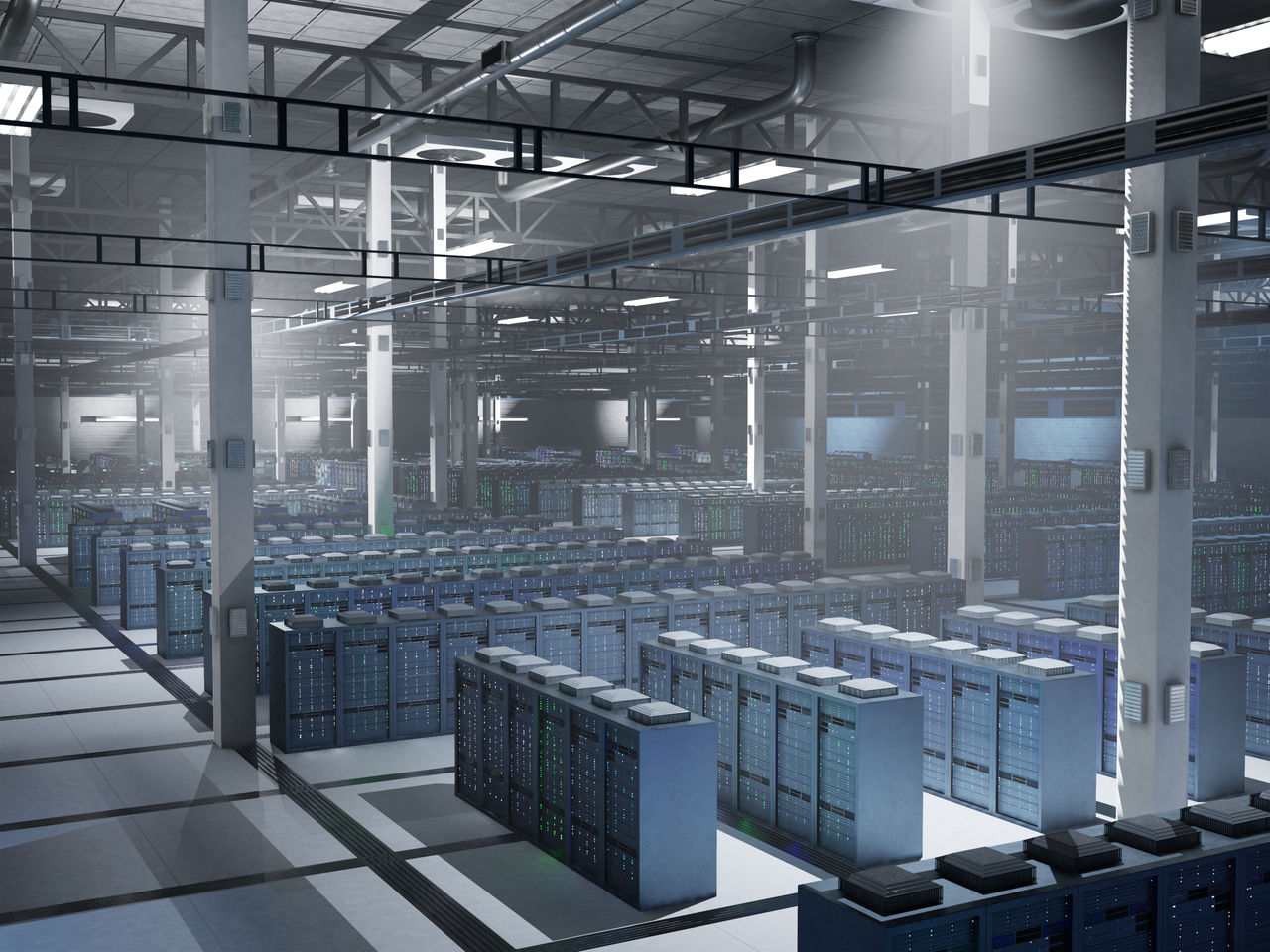 Low light data center running advanced AI models and neural network processes on enterprise scale. Server hub supercomputers handling high volume datasets and storage, 3D rendering